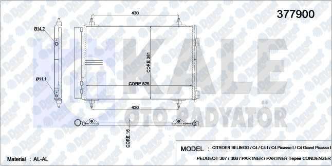 KALE 377900 Klima Radyatoru Berlingo-Partner 08> C4 04> 307 00> 1.4 16v1.6 16v-2.0 16v (Al/Al) (570x359x16) (Kurutucu Ile)